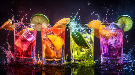 Refreshing Drinks with Citrus and Ice Splash on a Dark Background