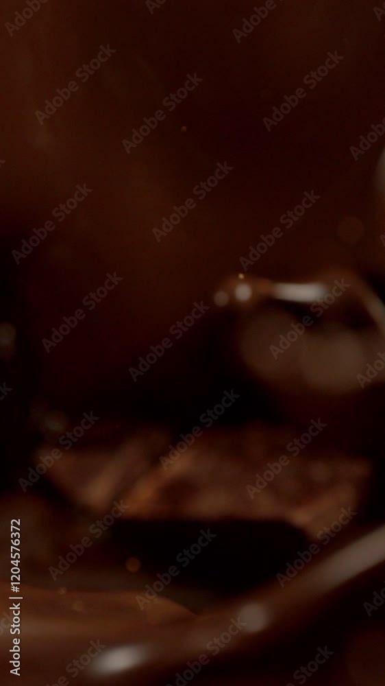 Poster super slow motion of falling group of chocolate chunks. splashing into melted chocolate. filmed on h