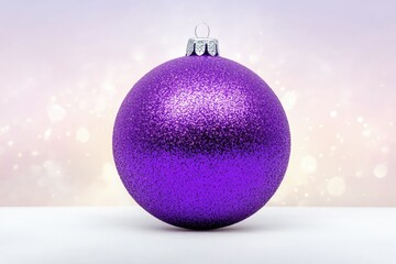 Shimmering purple Christmas ornament on a soft pastel background with festive bokeh lights