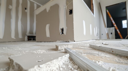 Half finished drywall patch showing progress in construction site