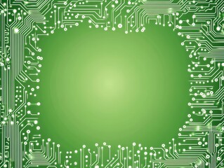 green technology background with an intricate pattern of white electronic pathways and nodes, resembling a circuit board with centred copy space