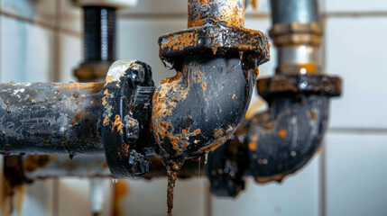 Corroded pipe with rust and water leakage in plumbing system