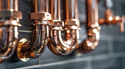 Shiny copper plumbing pipes arranged neatly on wall, showcasing craftsmanship