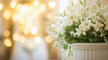 White floral arrangement with delicate flowers in a vase, soft bokeh lights in the background, perfect for weddings or elegant occasions.