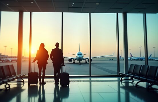 Couple waits for flight at airport terminal. Sunrise view outside terminal window shows airplane on tarmac. Travelers stand with luggage. Calm atmosphere. Airport scene.