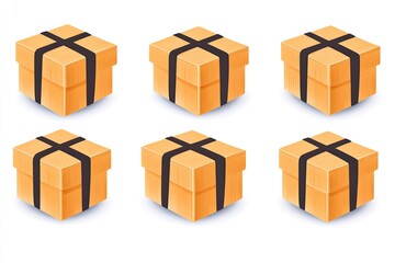 Six identical brown boxes with black straps arranged in two rows on a white background