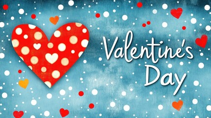 Valentines Day greeting card with red heart on motley blue background