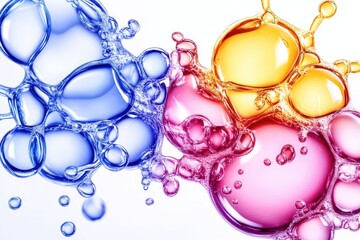 Colorful bubbles in vibrant shades of blue, pink, and orange floating against a white background
