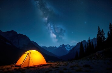 Illuminated tent glows on camping site in dark mountains under night sky full of sparkling stars. Milky way visible above. Adventure lifestyle concept. Outdoor recreation in nature. Touristic
