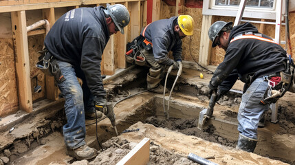Team performing foundation repair with safety gear and tools