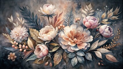 Beautiful floral watercolor painting featuring soft peonies and greenery in gentle tones
