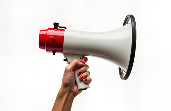 Woman holds megaphone. White background. Ready to announce. Information loud voice. Public address system. Communication tool. Protest demonstration. Making announcement. Alert message. Hand holding
