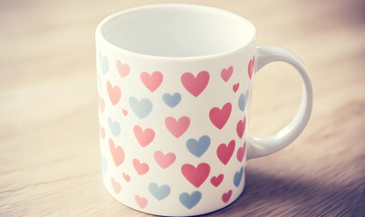 Obraz premium Empty heart mug on wooden table, blurred background.