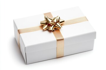 A beautifully wrapped white gift box with a shiny gold bow, perfect for celebrations and surprises