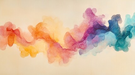 Fototapeta premium Abstract watercolor painting with flowing, colorful shapes in orange, yellow, red, purple, and blue hues on a beige background.