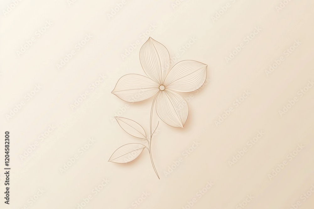 Aufkleber Delicate outline of a flower with leaves on a soft beige background showcasing minimalistic design. Generative AI