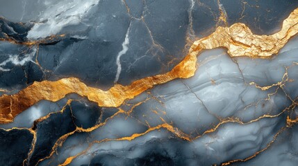 Fototapeta premium Abstract close-up of a marbled surface featuring dark gray and vibrant gold veins, ideal for backgrounds