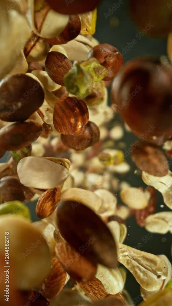 Poster super slow motion of flying nuts mix in rotating movement. filmed on high speed cinema camera, 1000f