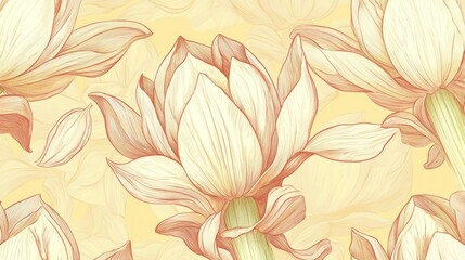 Close-up illustration of creamy-white lotus flowers on a pale yellow background.