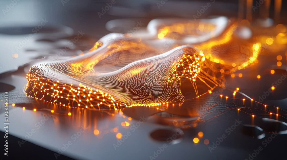 Poster cinematic rendering of 3D model showcasing complex network of glowing lines and nodes, creating abstract and futuristic visual effect