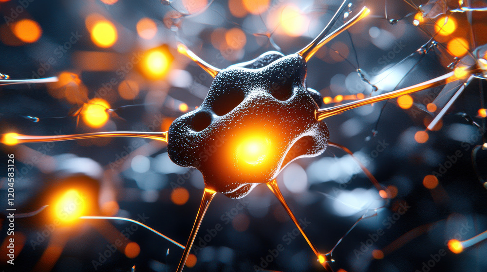 Poster detailed 3D rendering of neuron with glowing connections, showcasing intricate structures and vibrant colors. image evokes sense of complexity and life in neural network