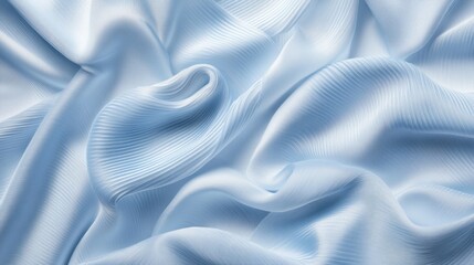 Fototapeta premium Close-up of light blue, subtly striped, silky fabric with elegant draping and soft folds.