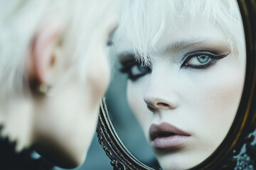Albino androgynous model gazing into a vintage mirror