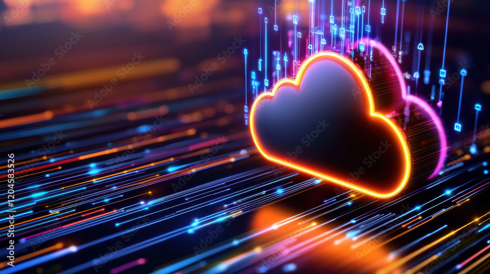 Poster vibrant cloud symbol with colorful data streams representing digital transfer and connectivity. scene conveys sense of technology and innovation