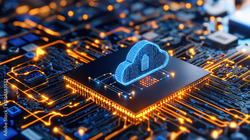 Aufkleber digital cloud symbol on circuit board represents data transfer and technology. vibrant colors and in
