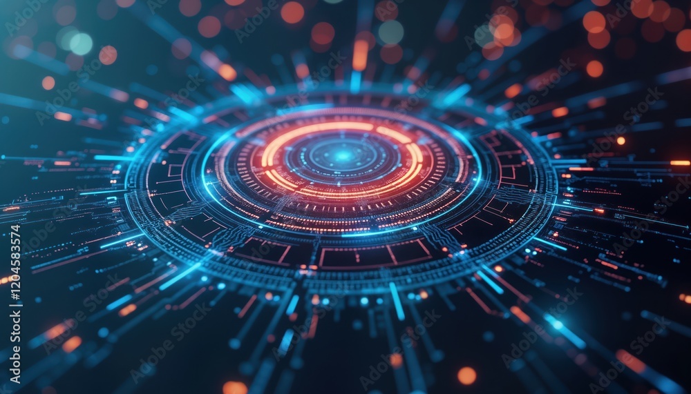 Aufkleber Digital interface with glowing network. Abstract tech design. Concentric circles with lines, data. Futuristic visual concept. Network system. Online media platform. Curated digital content.