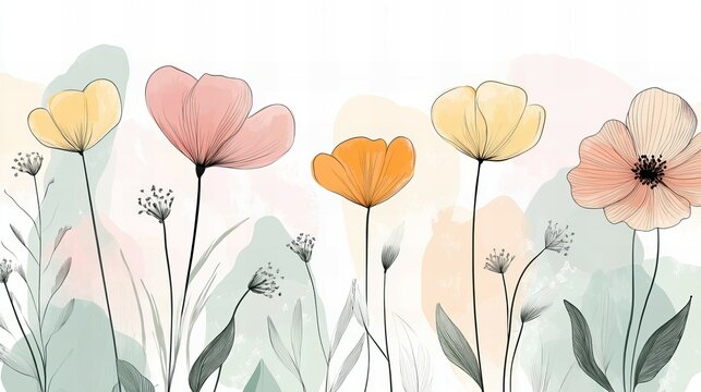 Elegant botanical background featuring trendy wildflowers and minimalist floral designs, perfect for wall art or wedding decor. Hand-drawn herbs and leaves for sophisticated save-the-date invitations.