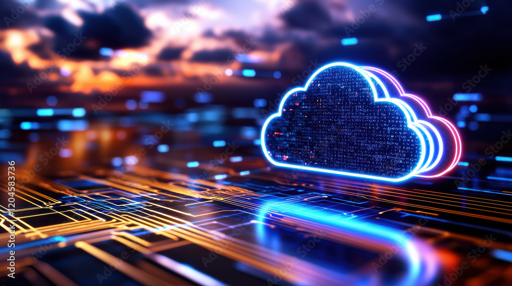 Poster vibrant cloud symbol with glowing binary code, representing cloud computing technology and digital data transfer. background features dynamic sunset and abstract circuitry