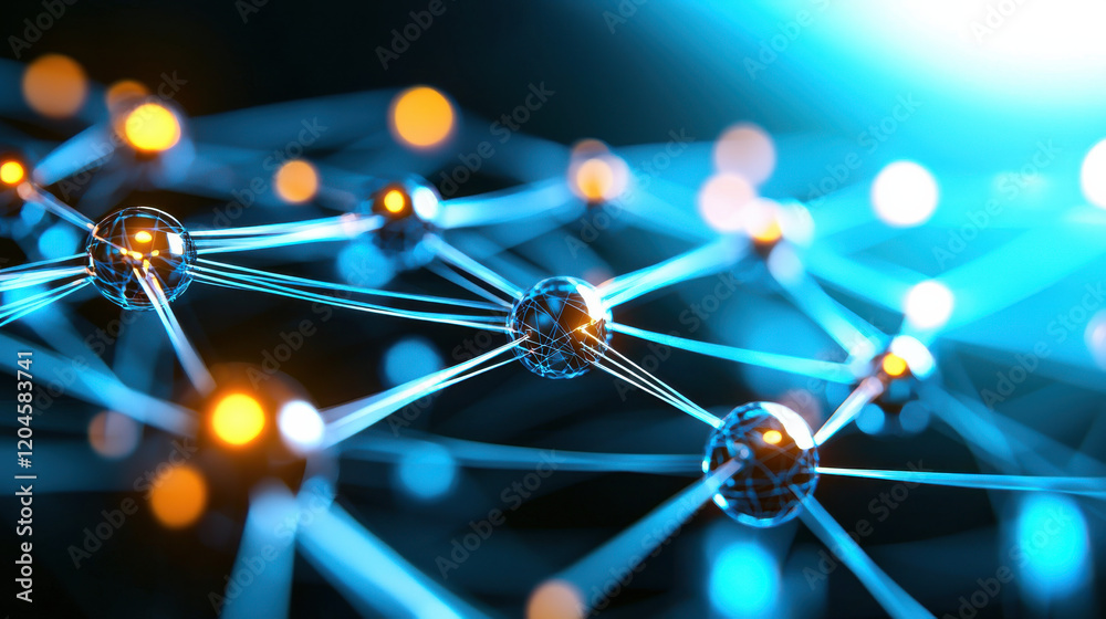 Aufkleber close up view of interconnected nodes and lines representing digital network, showcasing vibrant blue and orange lights. This conveys sense of technology and connectivity