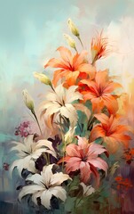 Vibrant Floral Still Life Painting of Lilies and Other Flowers in Impressionistic Style