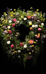 Vibrant Wildflower Wreath in Full Bloom Against Black Background