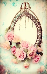 Vintage Oval Frame with Pink Roses and Antique Accents