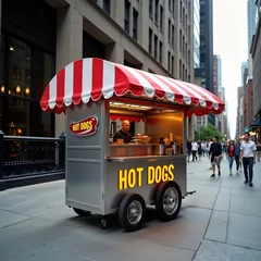 Keuken foto achterwand Hot dog cart in city street. Man works in cart. People walk on sidewalk. City architecture. Busy urban scene. Fast food vendor in downtown area. Typical urban landscape. Food cart in metropolitan © miss irine