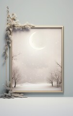 Winter Scene in Elegant Gold Frame with Snowy Trees and Crescent Moon