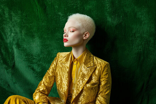 An elegant portrait featuring an albino androgynous person posing gracefully in front of a lush green velvet background.