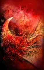 Abstract Red Cosmic Crescent Moon with Glowing Galaxy Background