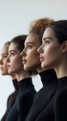 Four women standing in profile with aligned faces, wearing black turtlenecks, softly lit against a minimal background, showcasing elegance, diversity, and unity