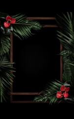 Dark Tropical Leaves and Red Anthurium Flowers Frame