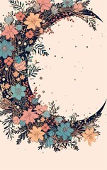 Floral Crescent Moon Botanical Illustration with Vintage Flowers and Leaves