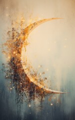 Golden Crescent Moon Abstract Painting with Cosmic Dust and Glowing Stars