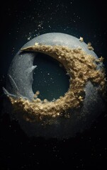 Golden Crescent Moon with Glitter and Stars Night Sky Abstract Art