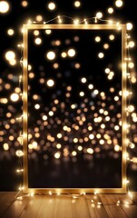 Golden Frame with Fairy Lights on Wooden Floor for Festive Background