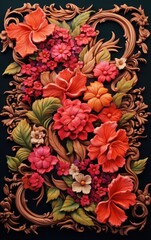 Intricate Floral Relief Sculpture with Baroque Frame, 3D Rendered Polymer Clay Flowers