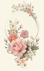 Oval Frame with Pink Roses and Delicate Flowers Botanical Illustration
