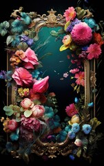 Ornate Gold Frame with Vibrant Floral Arrangement, Surreal Botanical Art