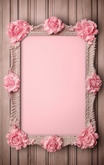 Pink Rose Decorated Frame with Pastel Background on Wooden Wall